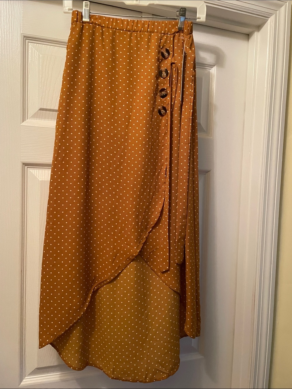 Womens Polka Dot Wrap Midi Skirt — Mustard